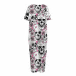 Pink Flowers Skull Pattern Print Short Sleeve Long Nightdress