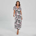 Pink Flowers Skull Pattern Print Short Sleeve Maxi Dress