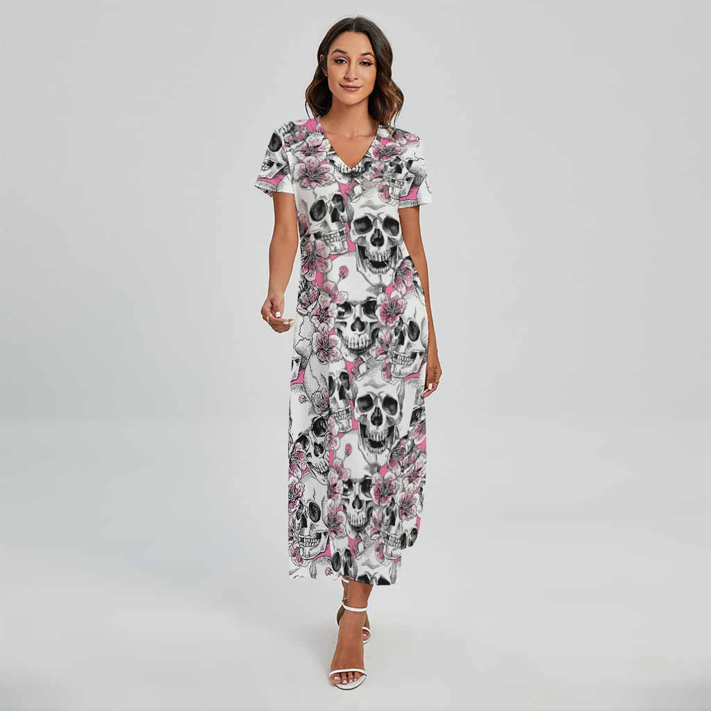 Pink Flowers Skull Pattern Print Short Sleeve Maxi Dress