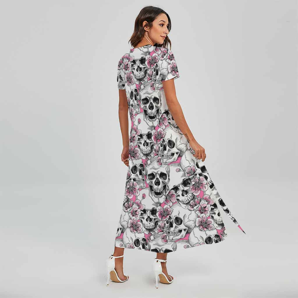 Pink Flowers Skull Pattern Print Short Sleeve Maxi Dress