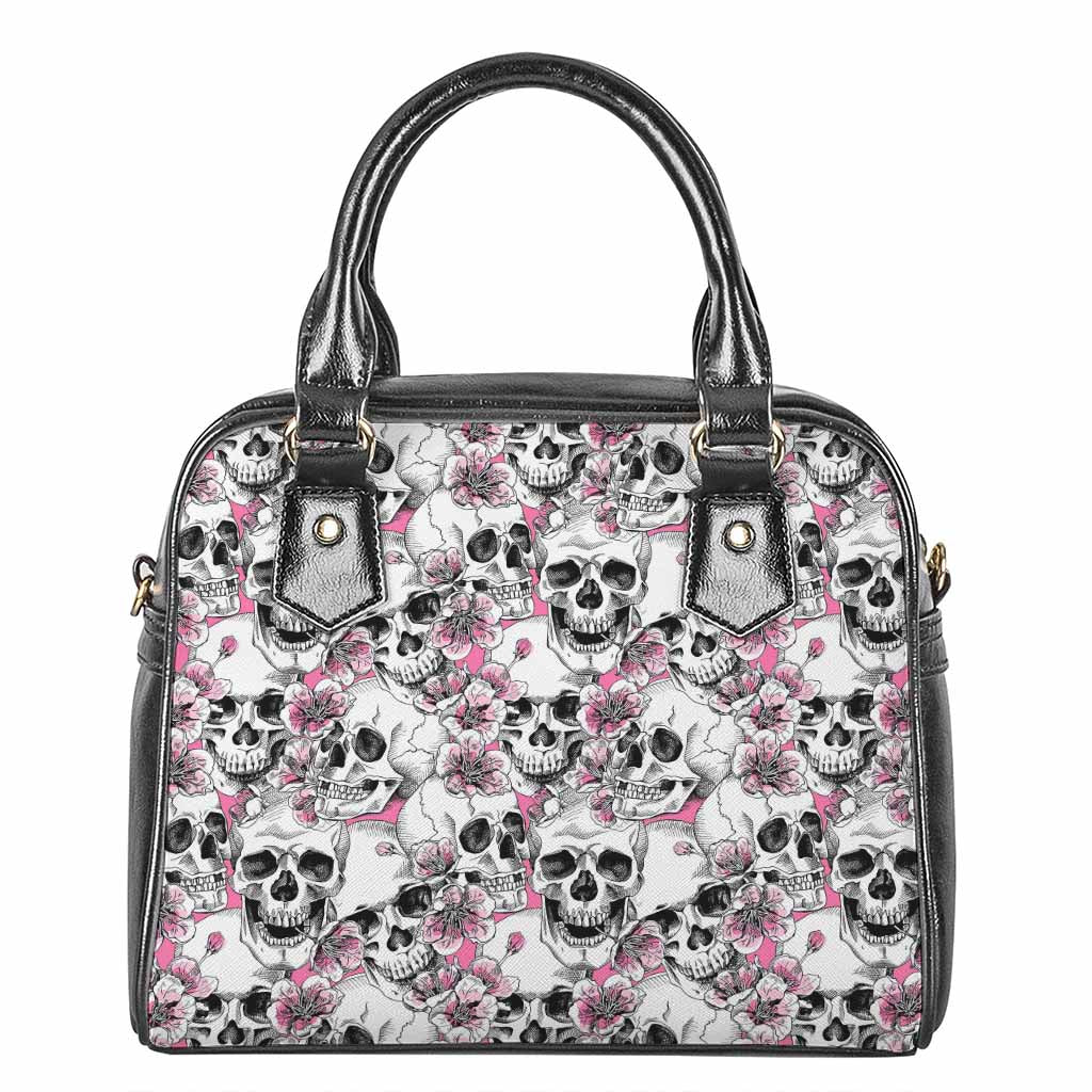 Pink Flowers Skull Pattern Print Shoulder Handbag