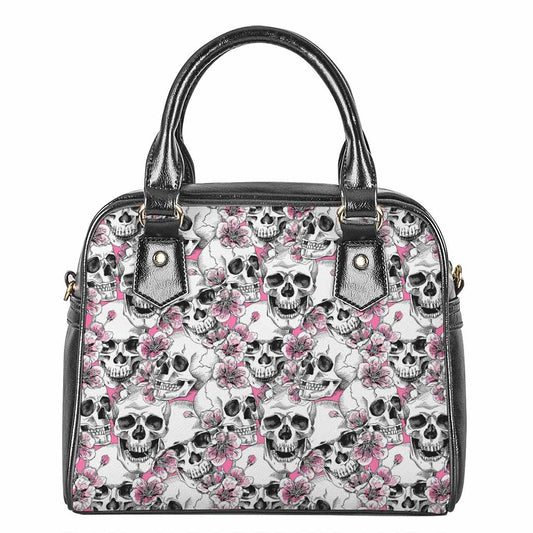 Pink Flowers Skull Pattern Print Shoulder Handbag