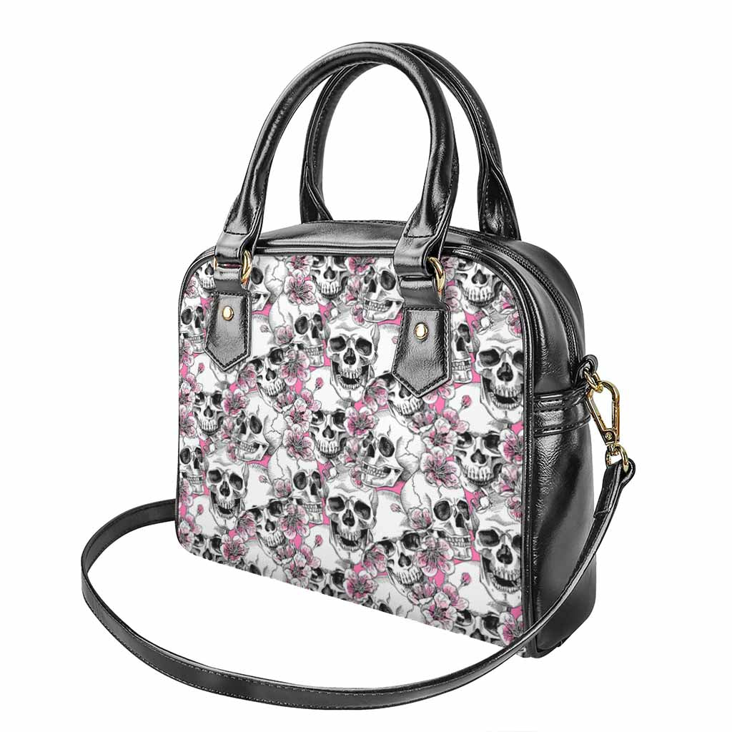 Pink Flowers Skull Pattern Print Shoulder Handbag