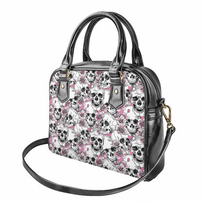 Pink Flowers Skull Pattern Print Shoulder Handbag