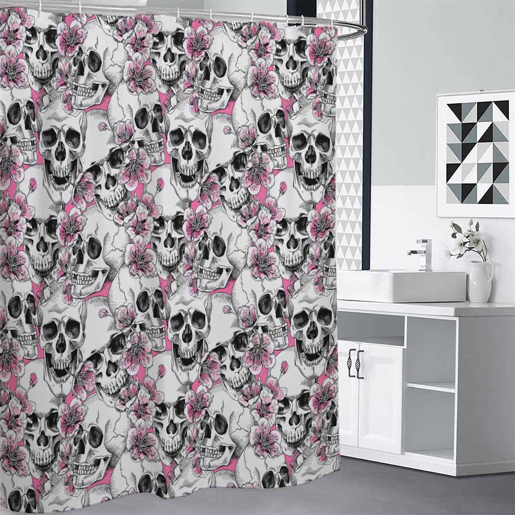 Pink Flowers Skull Pattern Print Shower Curtain