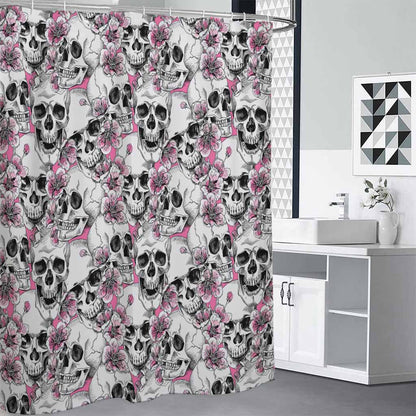 Pink Flowers Skull Pattern Print Shower Curtain