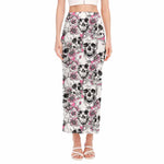 Pink Flowers Skull Pattern Print Side Slit Maxi Skirt