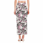 Pink Flowers Skull Pattern Print Side Slit Maxi Skirt