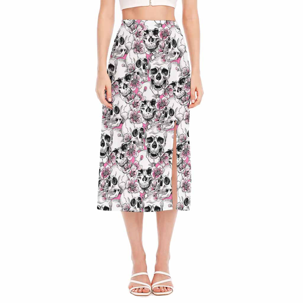 Pink Flowers Skull Pattern Print Side Slit Midi Skirt