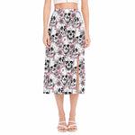 Pink Flowers Skull Pattern Print Side Slit Midi Skirt