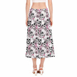 Pink Flowers Skull Pattern Print Side Slit Midi Skirt