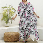 Pink Flowers Skull Pattern Print Silk V-Neck Kaftan Dress