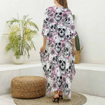 Pink Flowers Skull Pattern Print Silk V-Neck Kaftan Dress