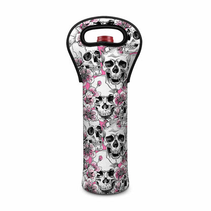 Pink Flowers Skull Pattern Print Single Neoprene Wine Tote