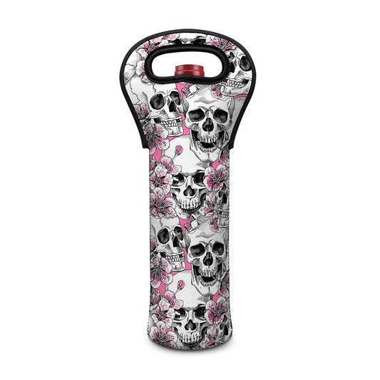 Pink Flowers Skull Pattern Print Single Neoprene Wine Tote