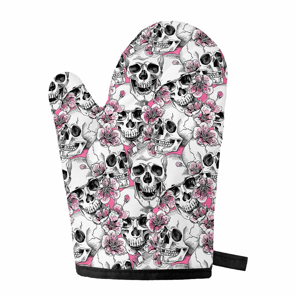 Pink Flowers Skull Pattern Print Single Oven Mitt