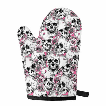 Pink Flowers Skull Pattern Print Single Oven Mitt