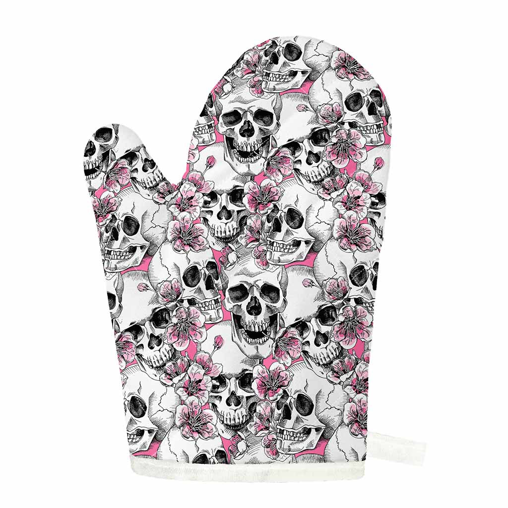 Pink Flowers Skull Pattern Print Single Oven Mitt