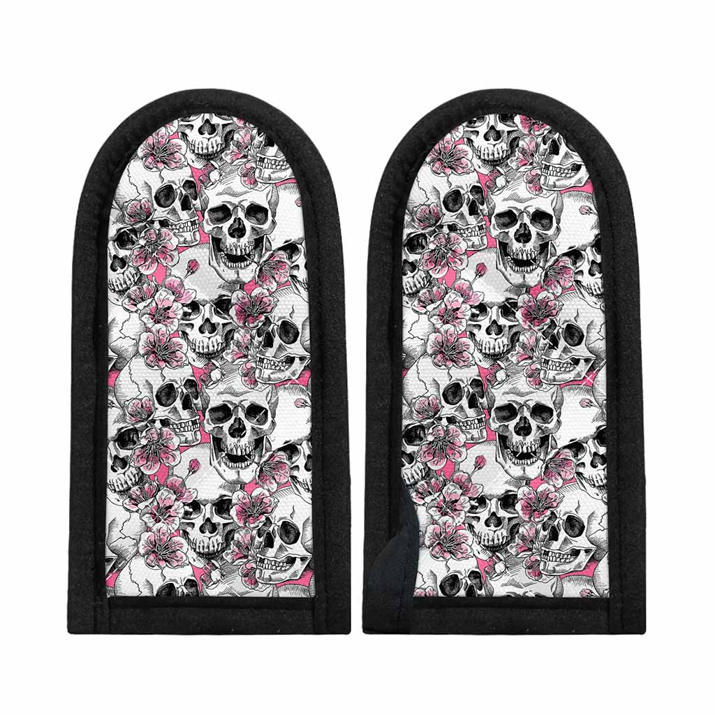 Pink Flowers Skull Pattern Print Skillet Handle Cover