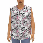Pink Flowers Skull Pattern Print Sleeveless Baseball Jersey