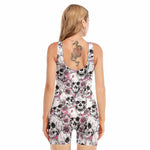 Pink Flowers Skull Pattern Print Sleeveless One Piece Swimsuit