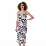 Pink Flowers Skull Pattern Print Slim Fit Midi Cami Dress