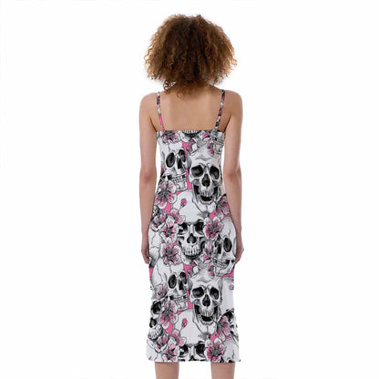 Pink Flowers Skull Pattern Print Slim Fit Midi Cami Dress