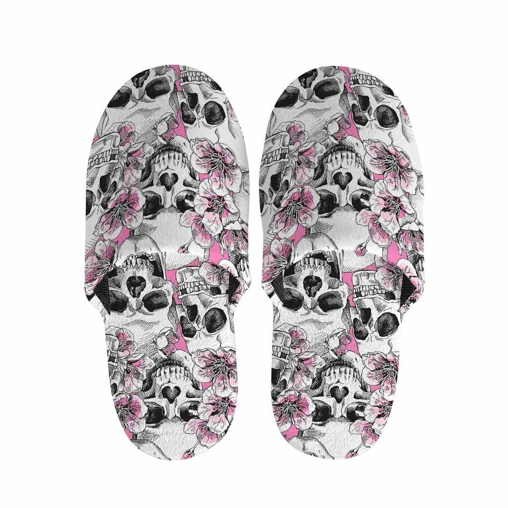 Pink Flowers Skull Pattern Print Slippers