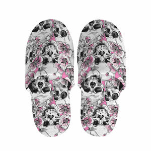 Pink Flowers Skull Pattern Print Slippers