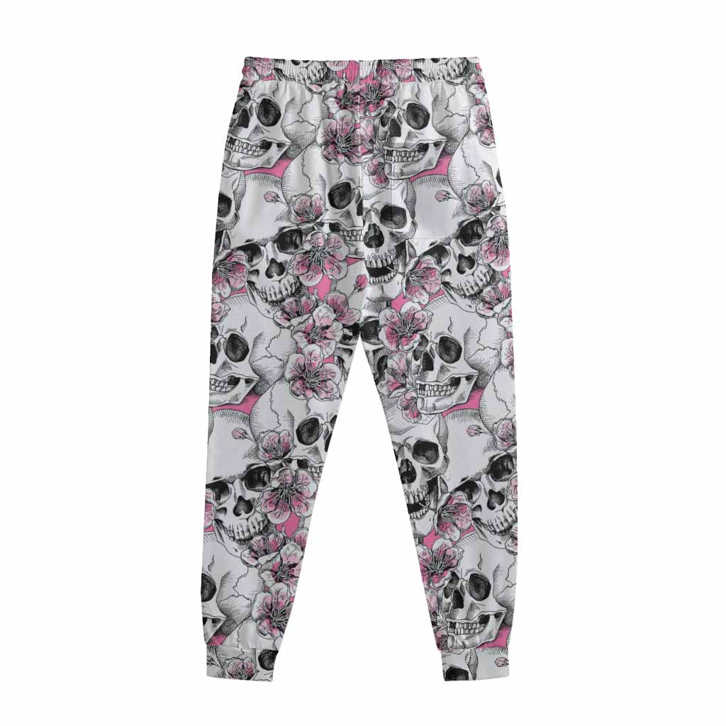 Pink Flowers Skull Pattern Print Sweatpants