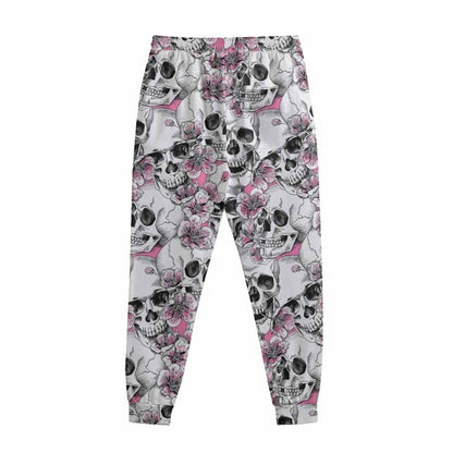 Pink Flowers Skull Pattern Print Sweatpants