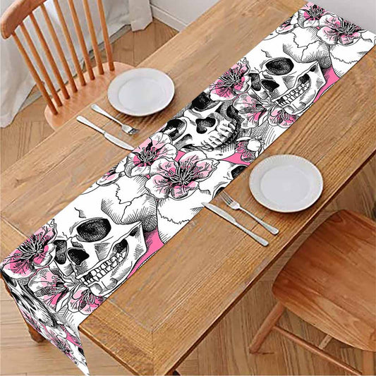 Pink Flowers Skull Pattern Print Table Runner