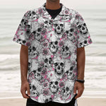 Pink Flowers Skull Pattern Print Textured Short Sleeve Shirt