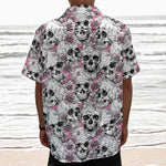 Pink Flowers Skull Pattern Print Textured Short Sleeve Shirt