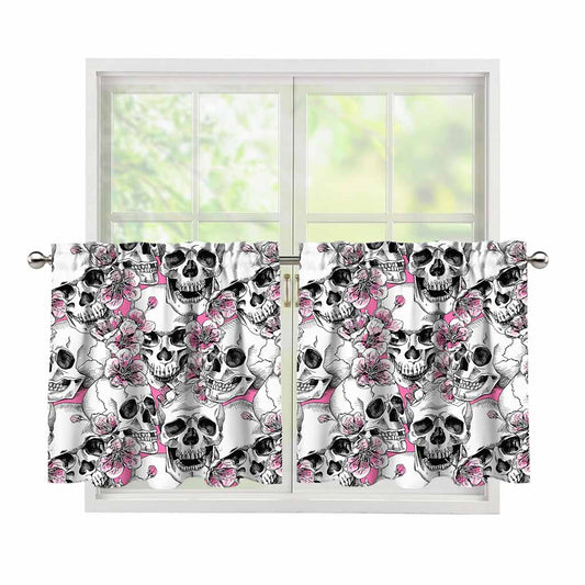 Pink Flowers Skull Pattern Print Tier Curtains
