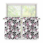 Pink Flowers Skull Pattern Print Tier Curtains