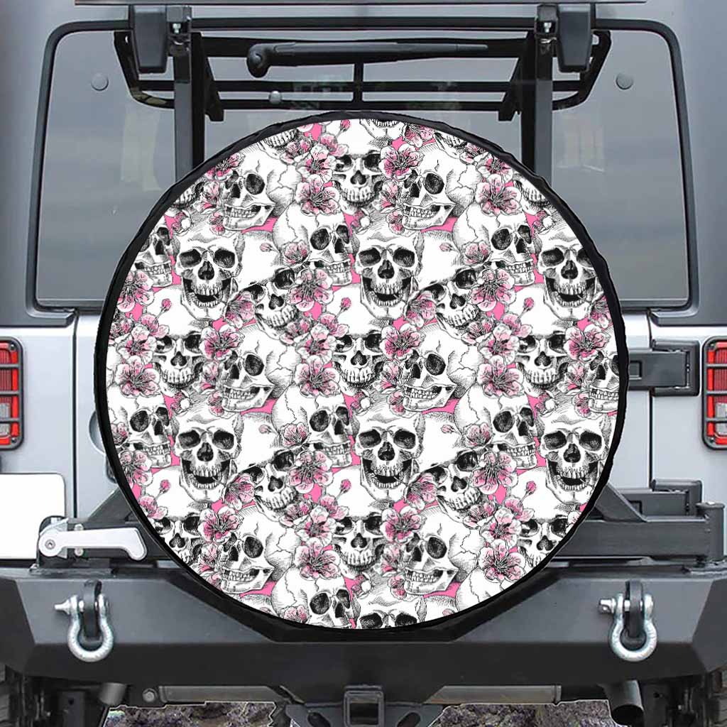 Pink Flowers Skull Pattern Print Tire Cover