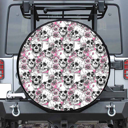 Pink Flowers Skull Pattern Print Tire Cover
