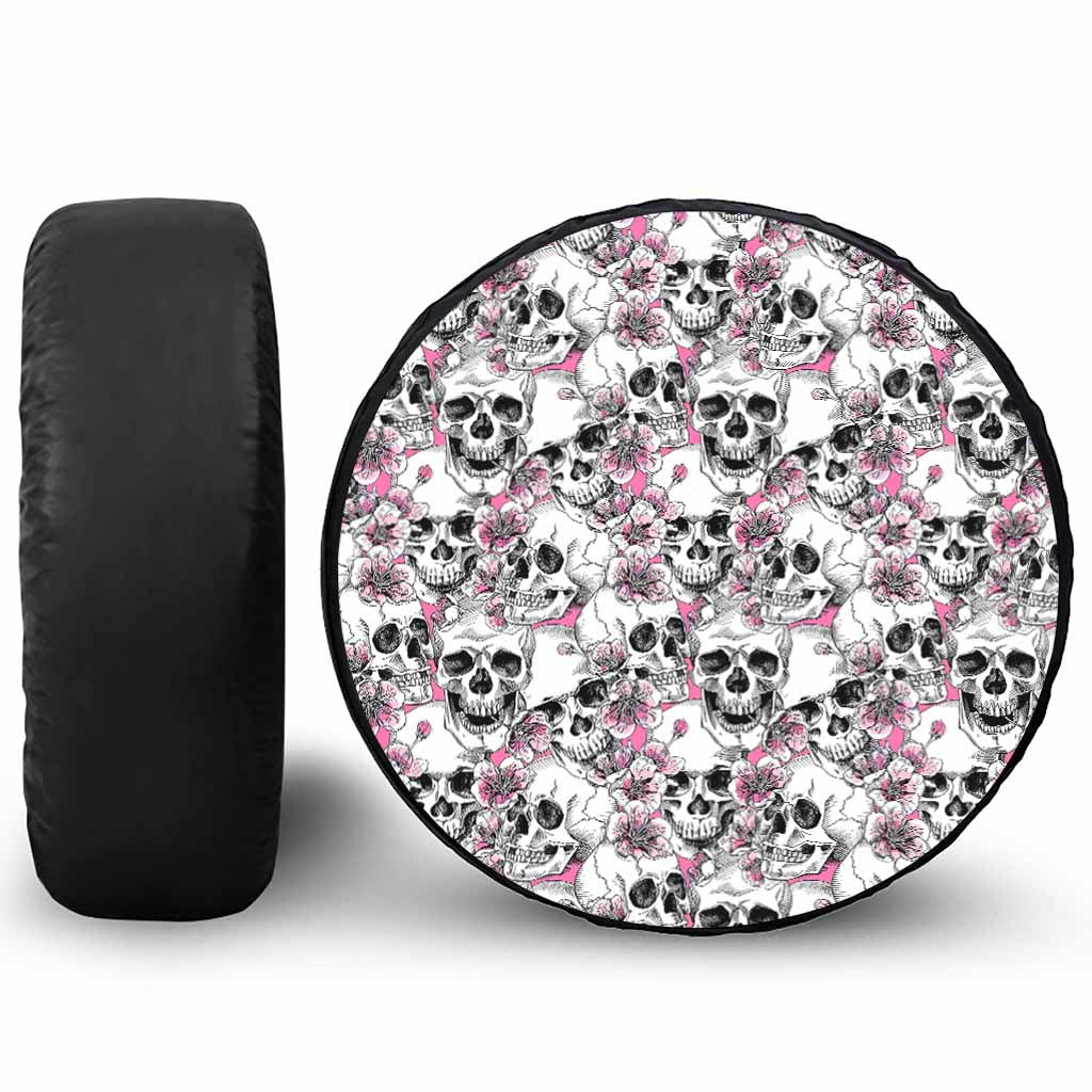 Pink Flowers Skull Pattern Print Tire Cover