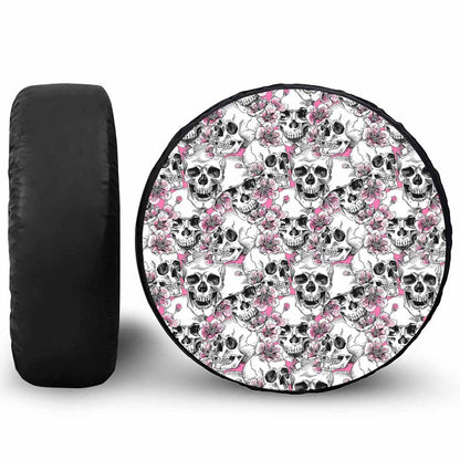 Pink Flowers Skull Pattern Print Tire Cover