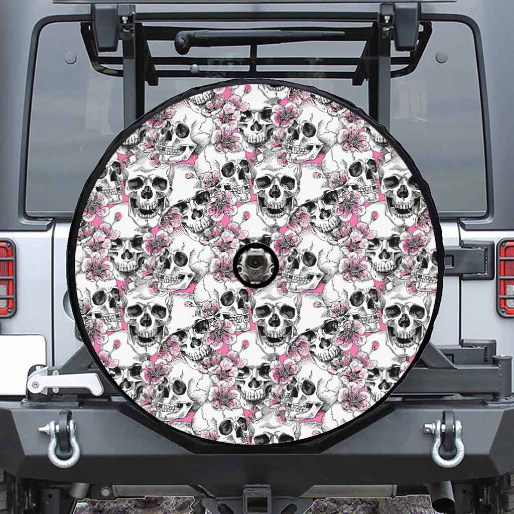 Pink Flowers Skull Pattern Print Tire Cover With Camera Hole