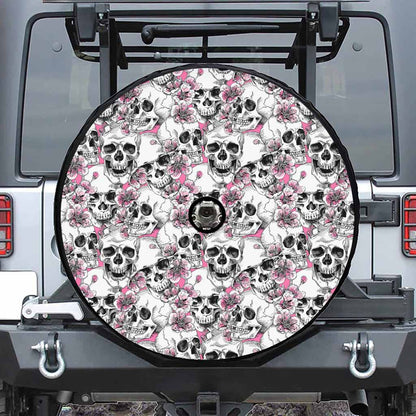 Pink Flowers Skull Pattern Print Tire Cover With Camera Hole