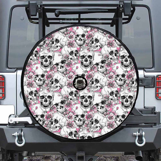Pink Flowers Skull Pattern Print Tire Cover With Camera Hole