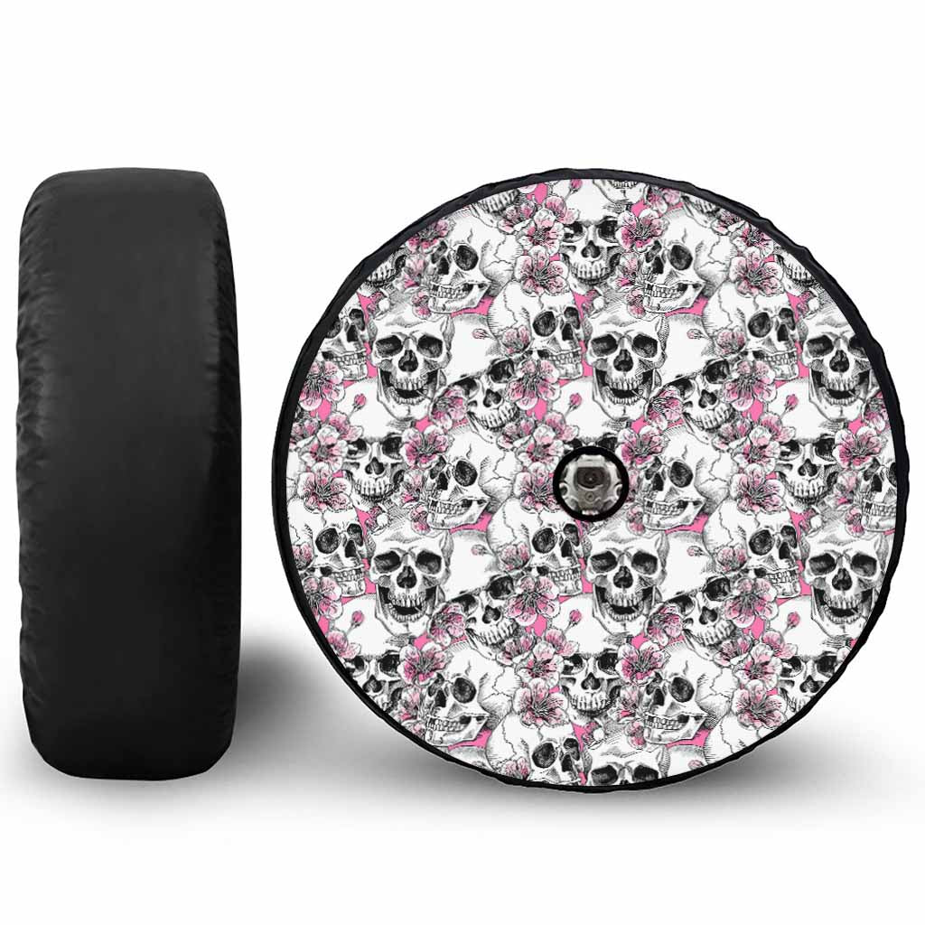 Pink Flowers Skull Pattern Print Tire Cover With Camera Hole