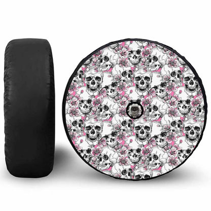 Pink Flowers Skull Pattern Print Tire Cover With Camera Hole