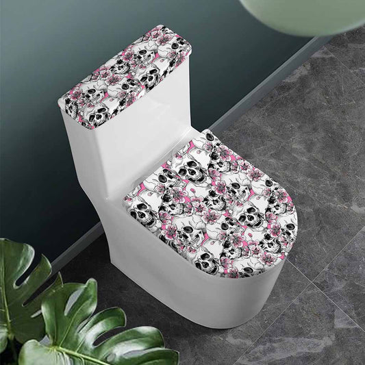 Pink Flowers Skull Pattern Print Toilet Lid And Tank Cover Set