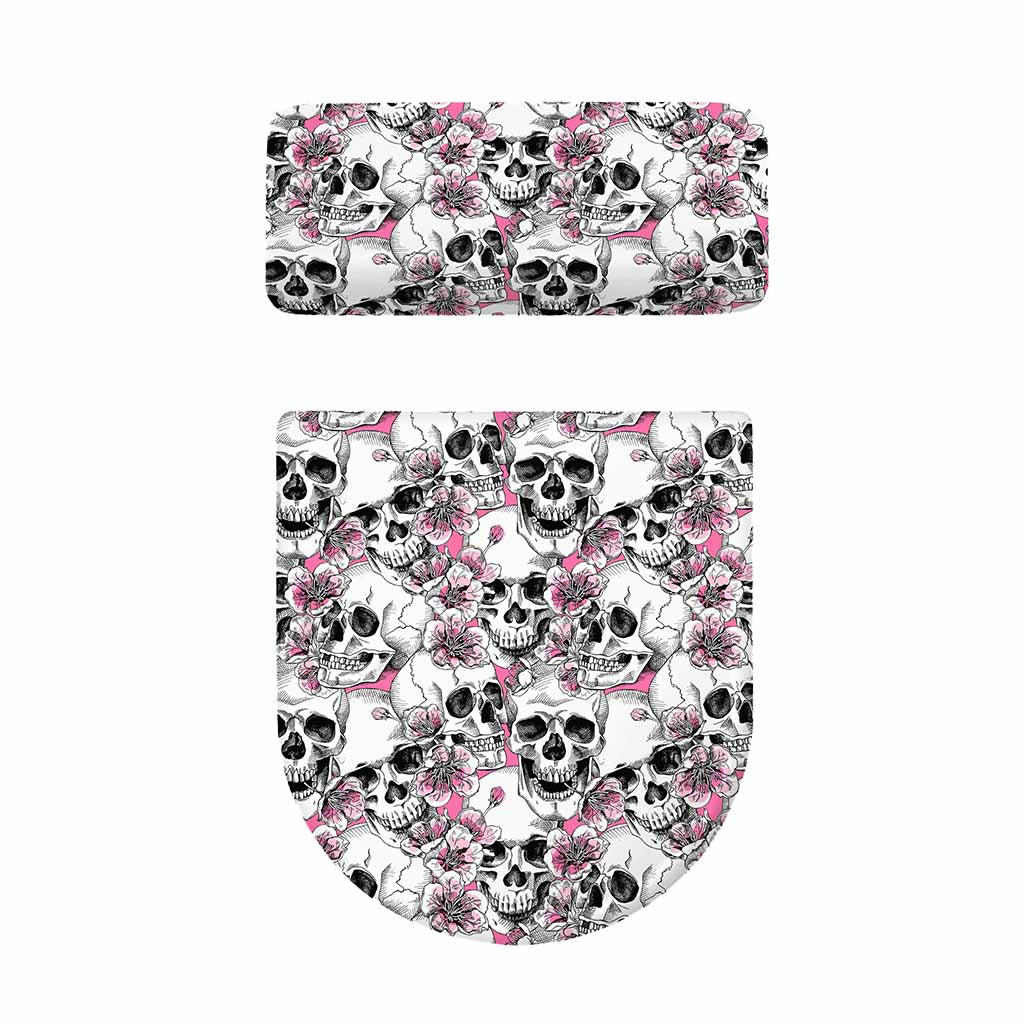 Pink Flowers Skull Pattern Print Toilet Lid And Tank Cover Set
