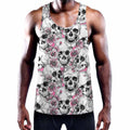 Pink Flowers Skull Pattern Print Men's Workout Tank Top