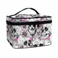 Pink Flowers Skull Pattern Print Travel Makeup Bag
