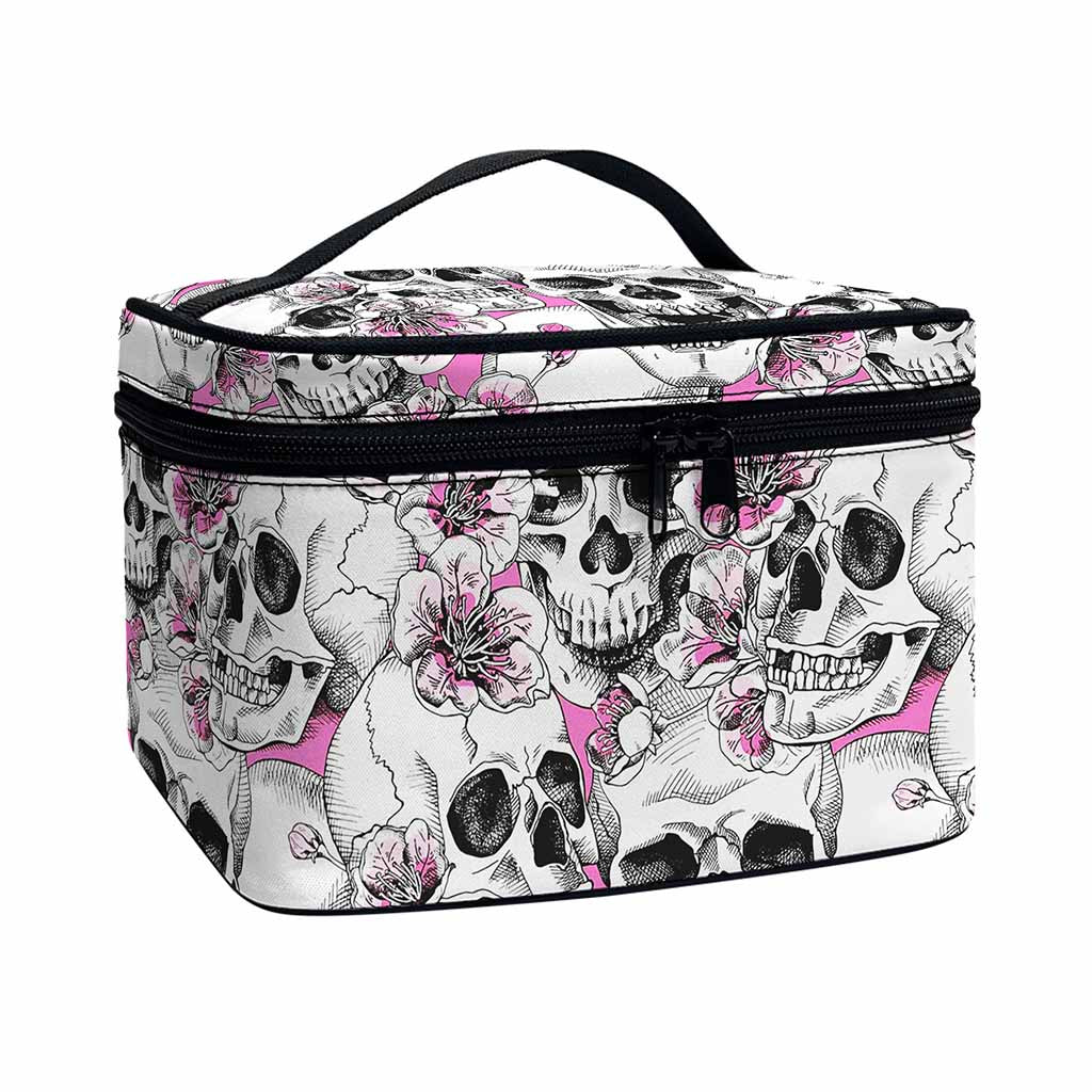 Pink Flowers Skull Pattern Print Travel Makeup Bag